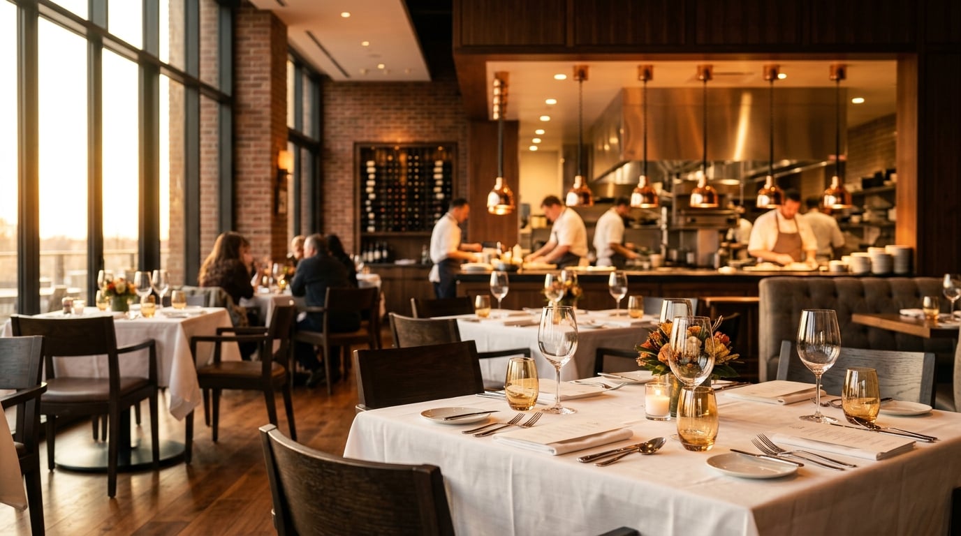 Upscale restaurant interior at golden hour with open kitchen and elegantly set tables